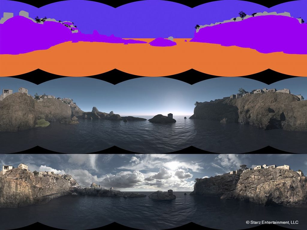 This image shows the 360° Vue render converted as a latlong image and below is the final matte painting ready to be projected onto concentric spheres in Nuke.