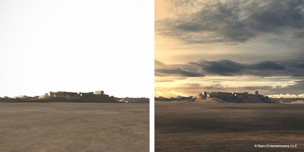 This matte-painting was created to show the city of Rome viewed from the field of Mars where Crassus army is prepared to fight the rebellion of Roman slaves under the leadership of Spartacus. On the left, the Vue render and on the right, the final matte painting.