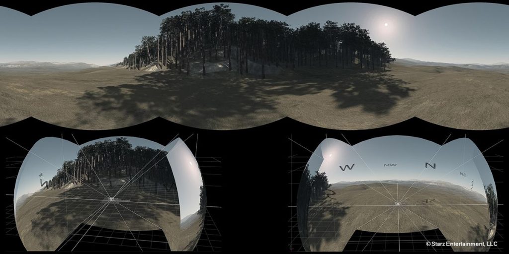 This image shows a 4 pack cameras render from Vue, converted into a latlong and projected onto a sphere in Nuke.