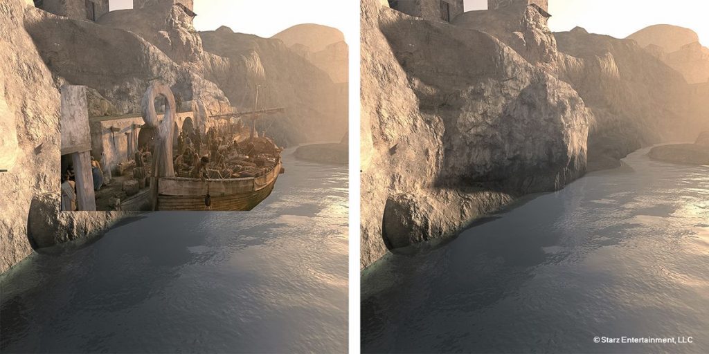 This shot shows the integration of a specific matte-painting of the Sinuessa Harbor cliff face. The initial render was done in Vue and then painted to match the set.